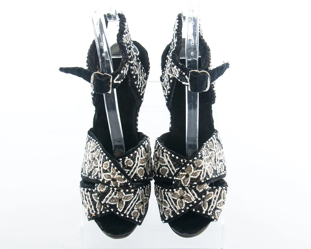 1940s Beaded Black Velvet Wedge Sandals | size 8