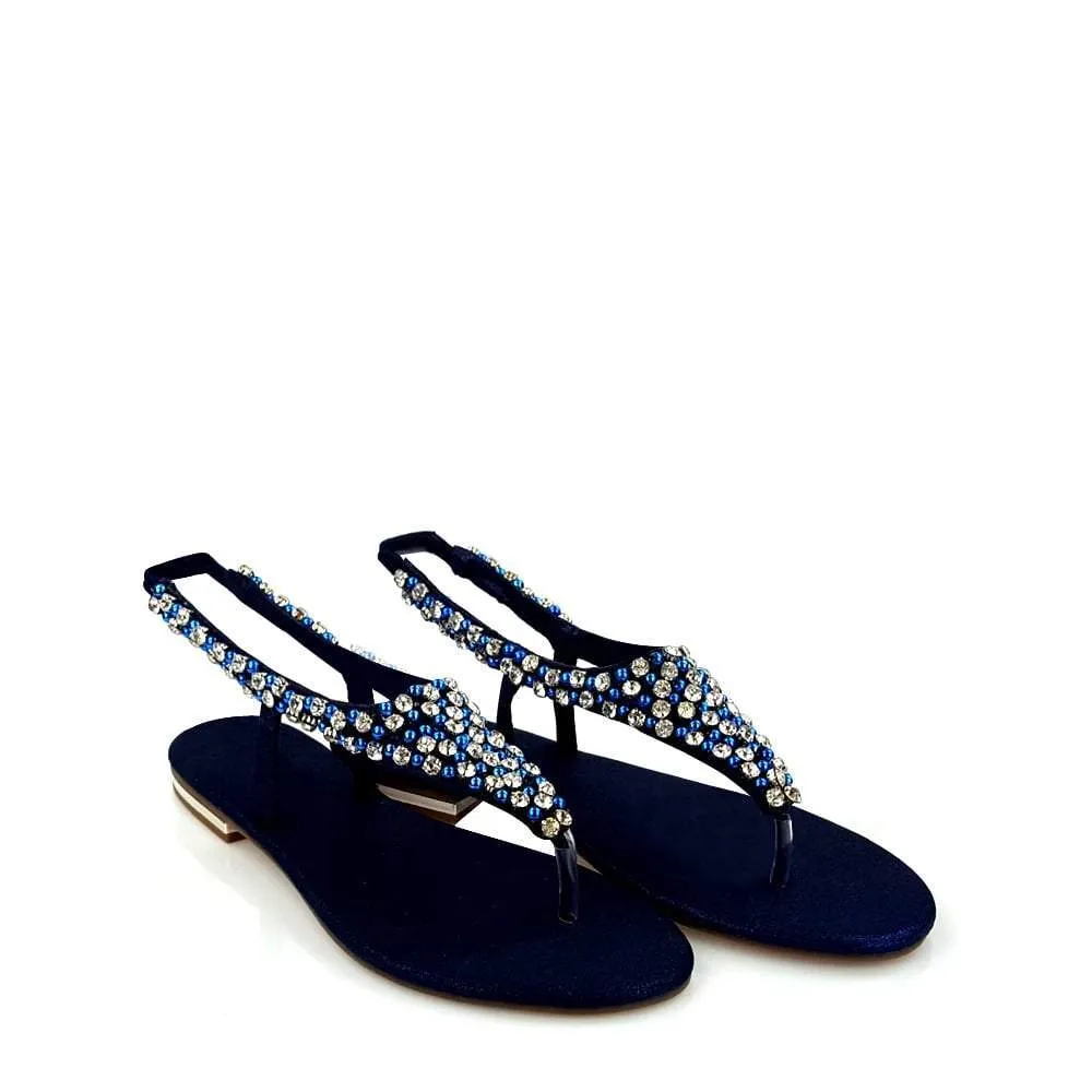 Flat Beaded And Diamante Sling Back Toe-Post Sandal