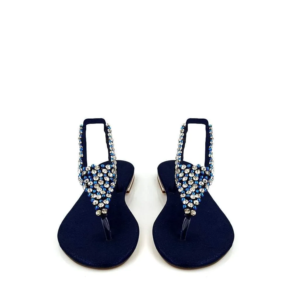 Flat Beaded And Diamante Sling Back Toe-Post Sandal