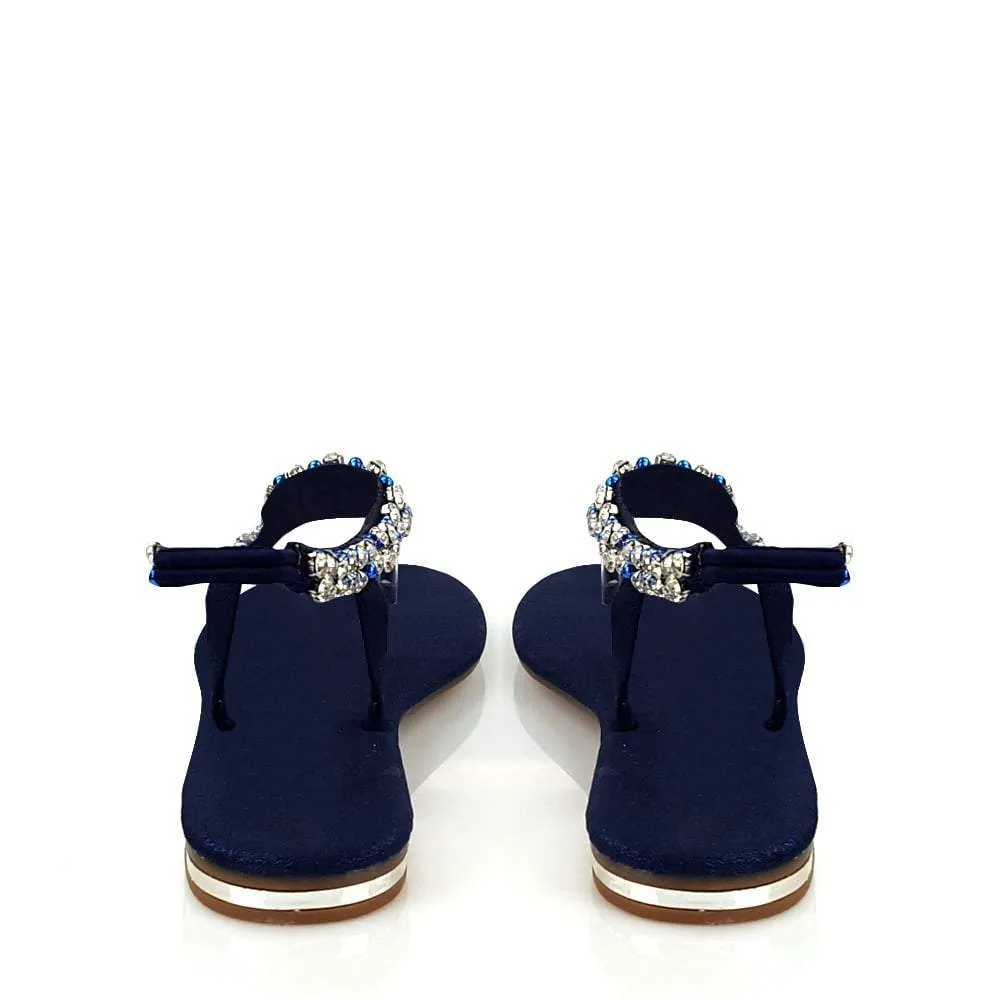 Flat Beaded And Diamante Sling Back Toe-Post Sandal