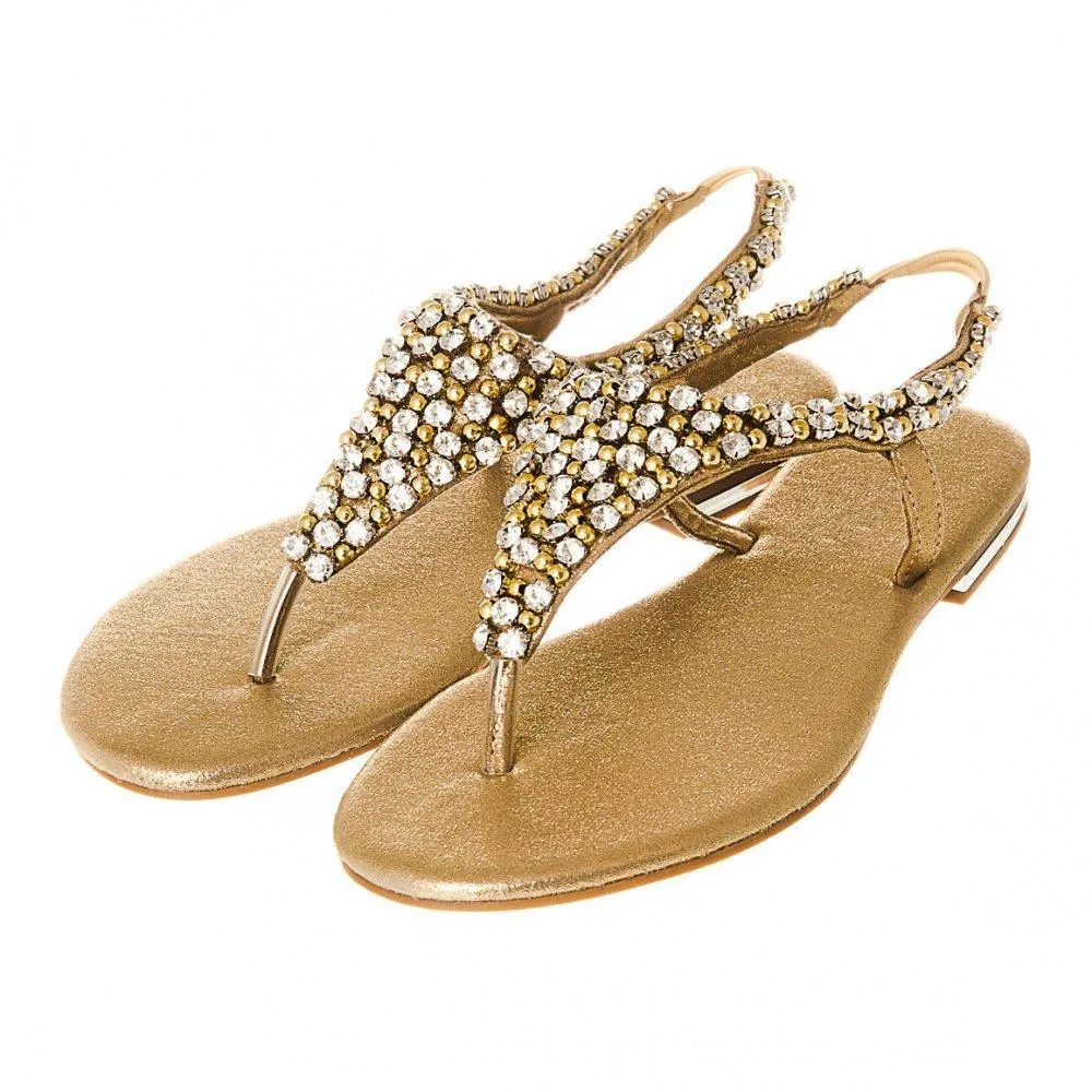 Flat Beaded And Diamante Sling Back Toe-Post Sandal