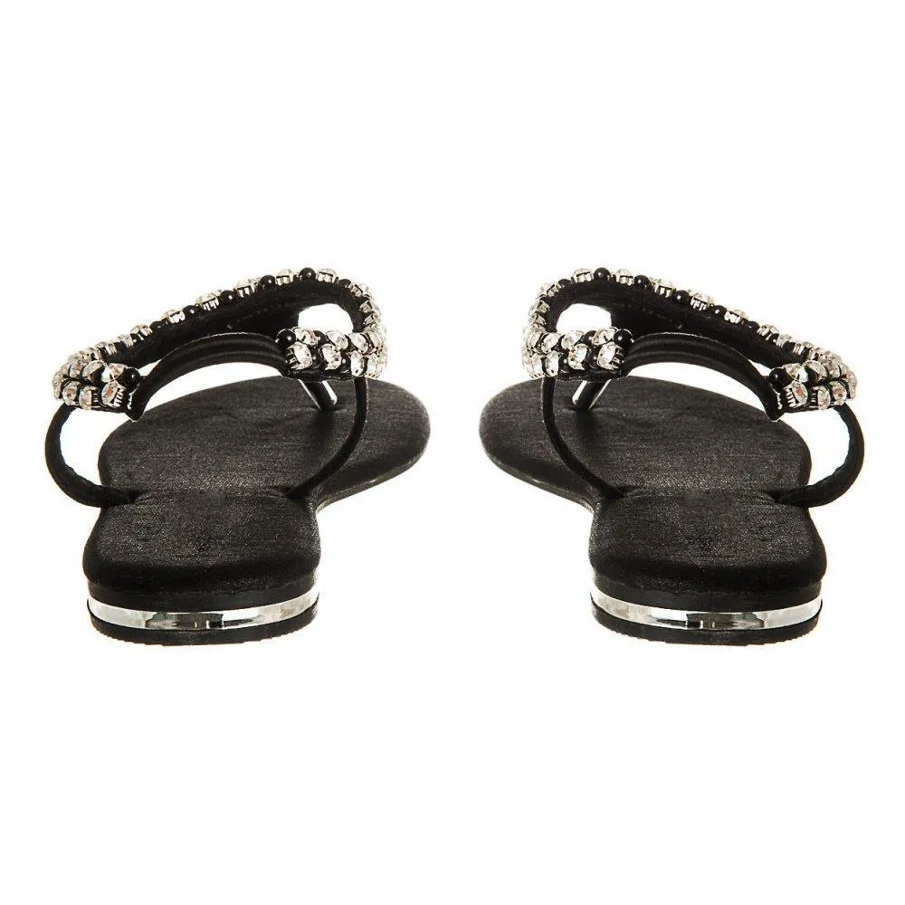 Flat Beaded And Diamante Sling Back Toe-Post Sandal