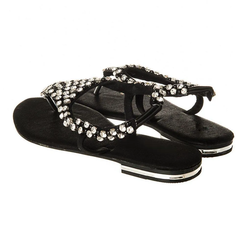 Flat Beaded And Diamante Sling Back Toe-Post Sandal