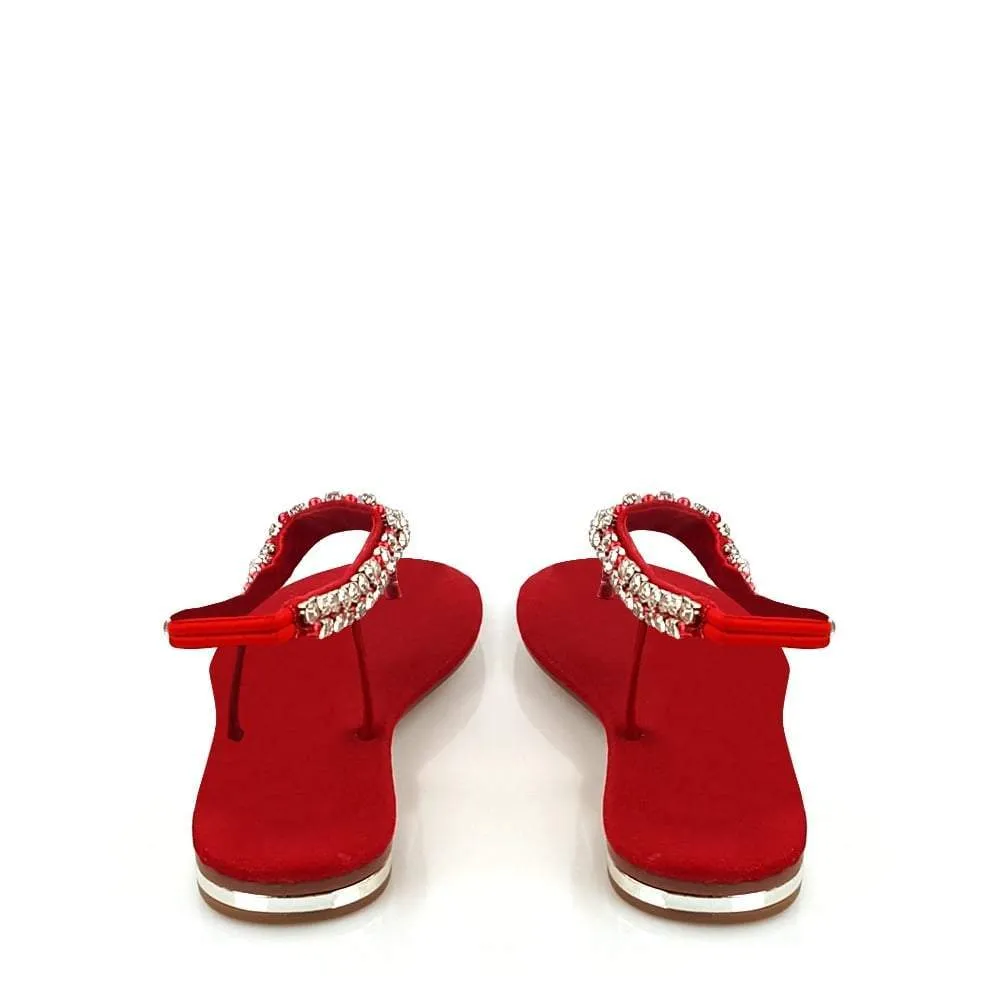 Flat Beaded And Diamante Sling Back Toe-Post Sandal