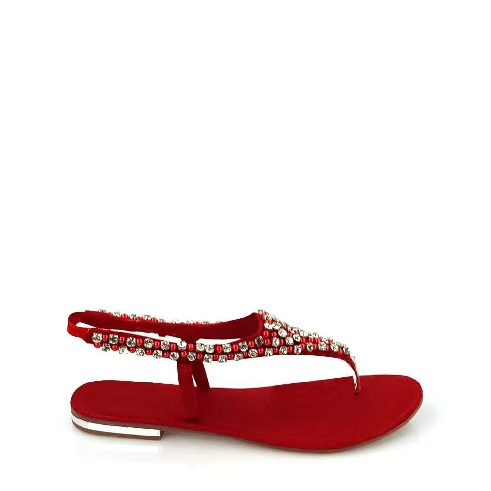 Flat Beaded And Diamante Sling Back Toe-Post Sandal