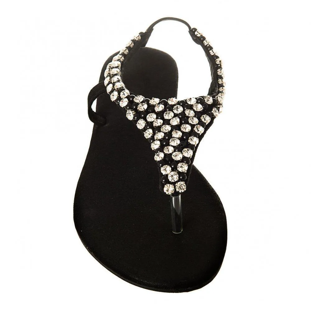 Flat Beaded And Diamante Sling Back Toe-Post Sandal
