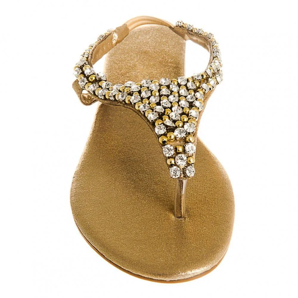 Flat Beaded And Diamante Sling Back Toe-Post Sandal