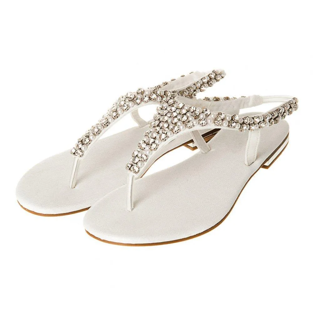 Flat Beaded And Diamante Sling Back Toe-Post Sandal