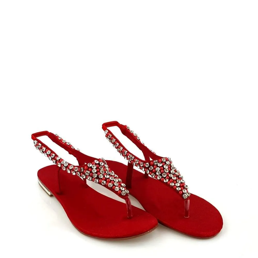 Flat Beaded And Diamante Sling Back Toe-Post Sandal