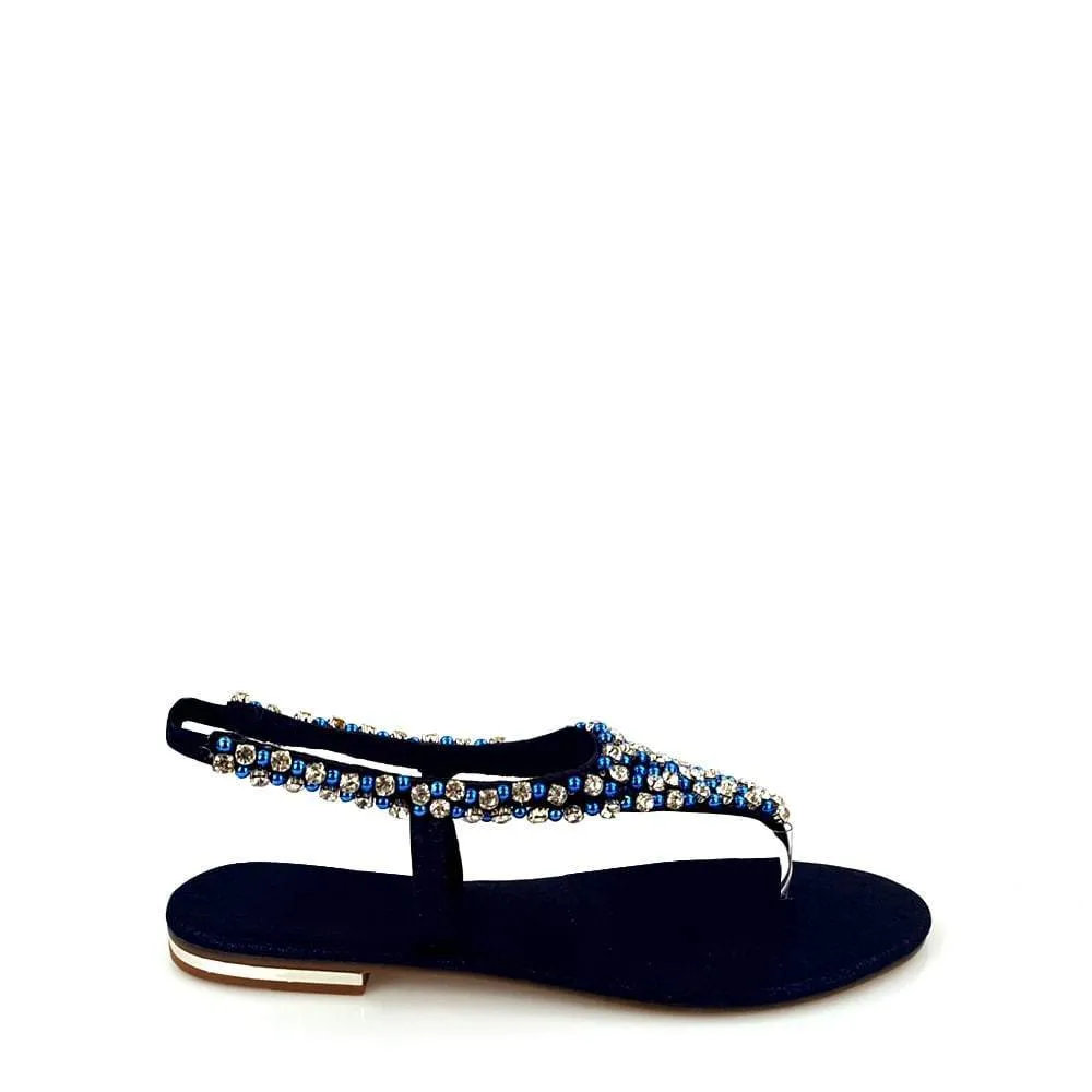 Flat Beaded And Diamante Sling Back Toe-Post Sandal