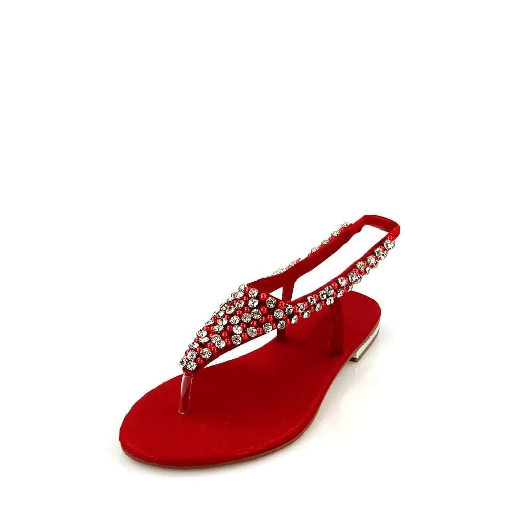 Flat Beaded And Diamante Sling Back Toe-Post Sandal