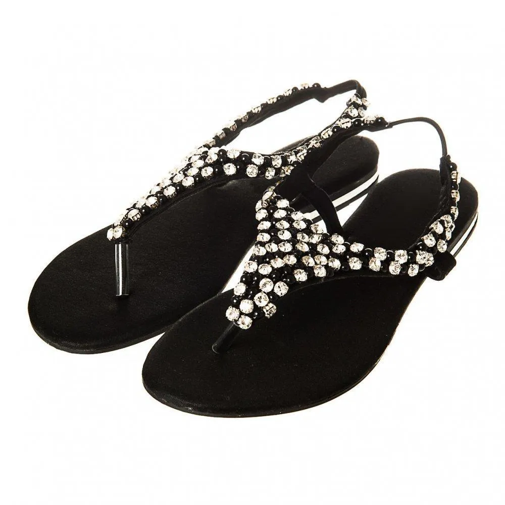 Flat Beaded And Diamante Sling Back Toe-Post Sandal