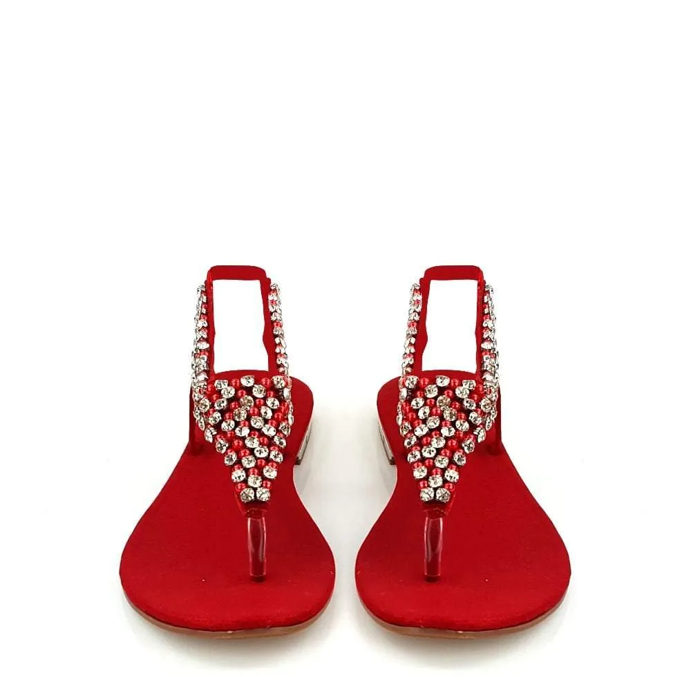 Flat Beaded And Diamante Sling Back Toe-Post Sandal
