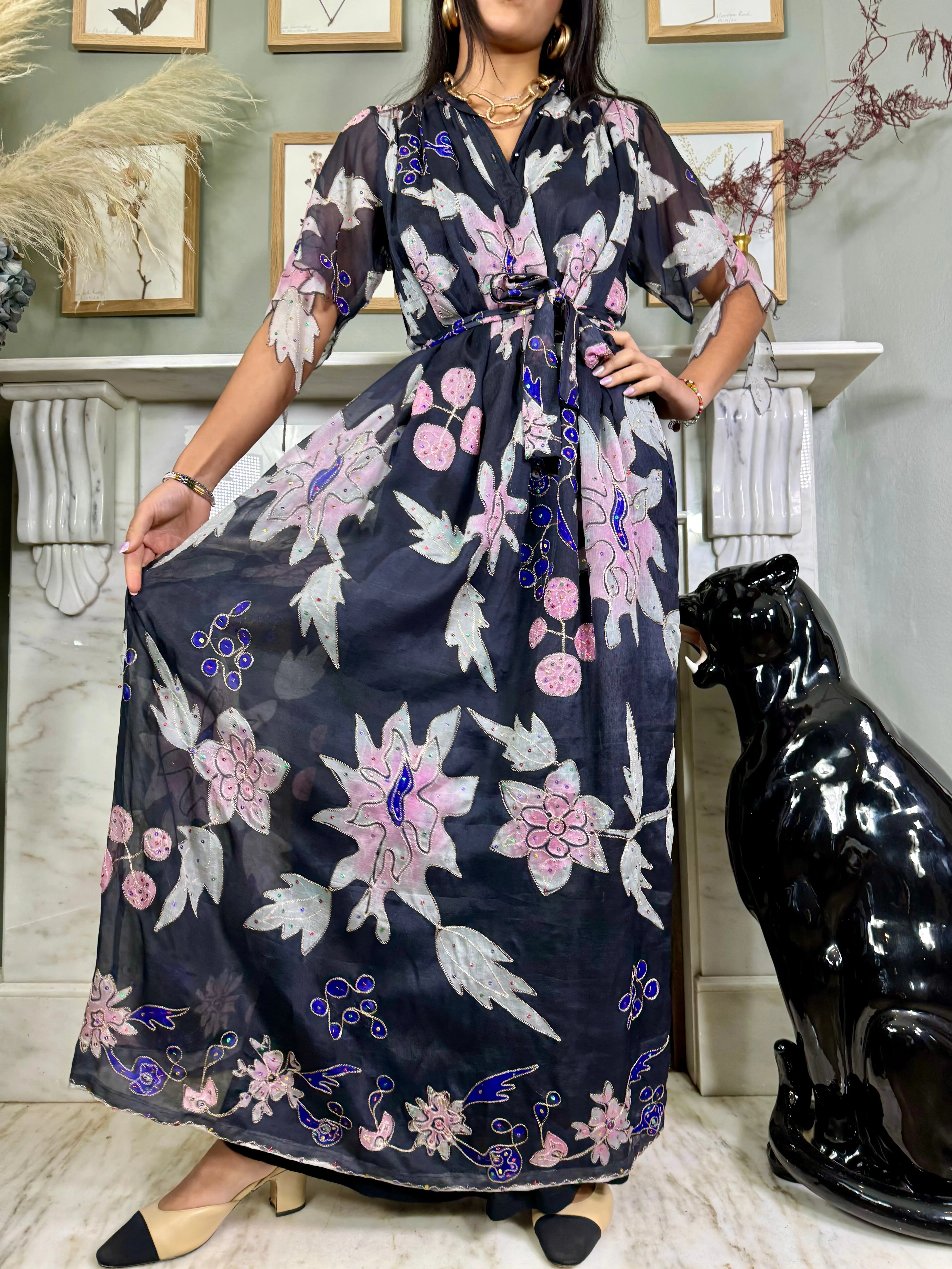 Hope, 70s chiffon print beaded dress
