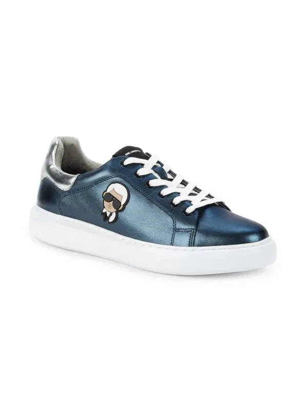 Karl Lagerfeld Logo Metallic Leather Sneakers - Blue Metal