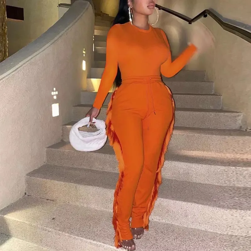 Long Sleeve Extreme Fringe Two Piece Set
