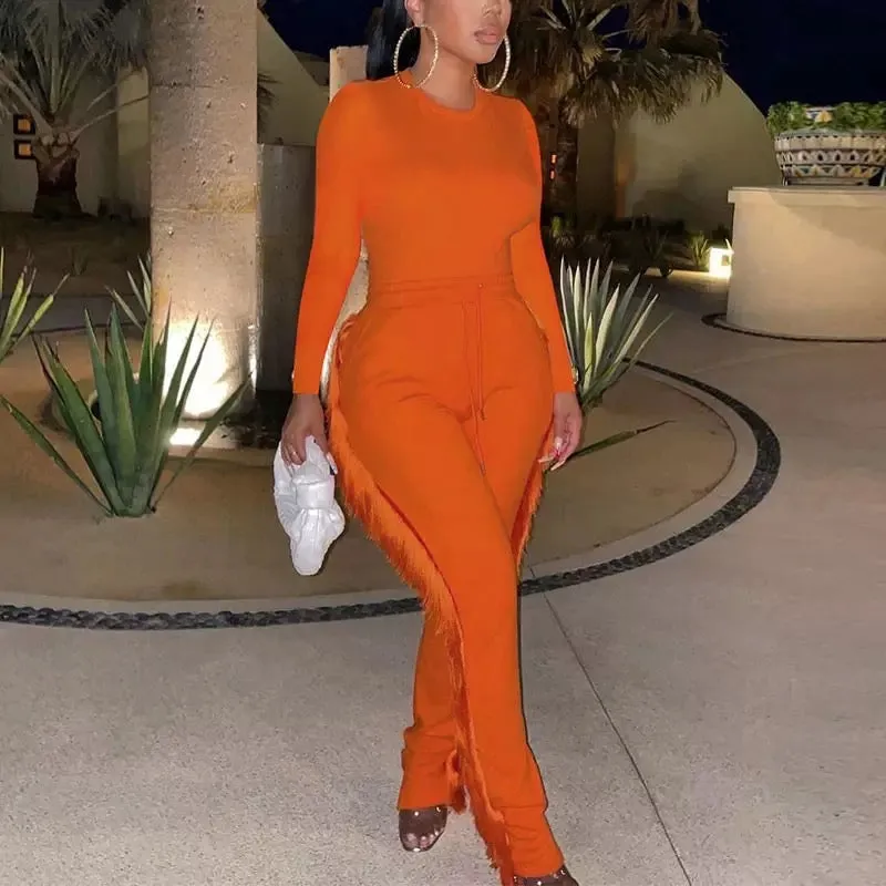 Long Sleeve Extreme Fringe Two Piece Set