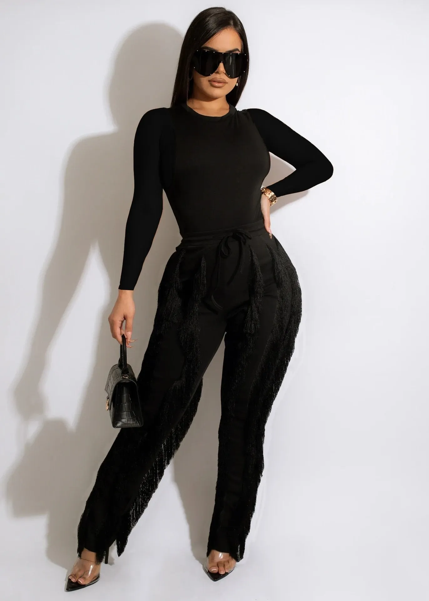 Long Sleeve Extreme Fringe Two Piece Set