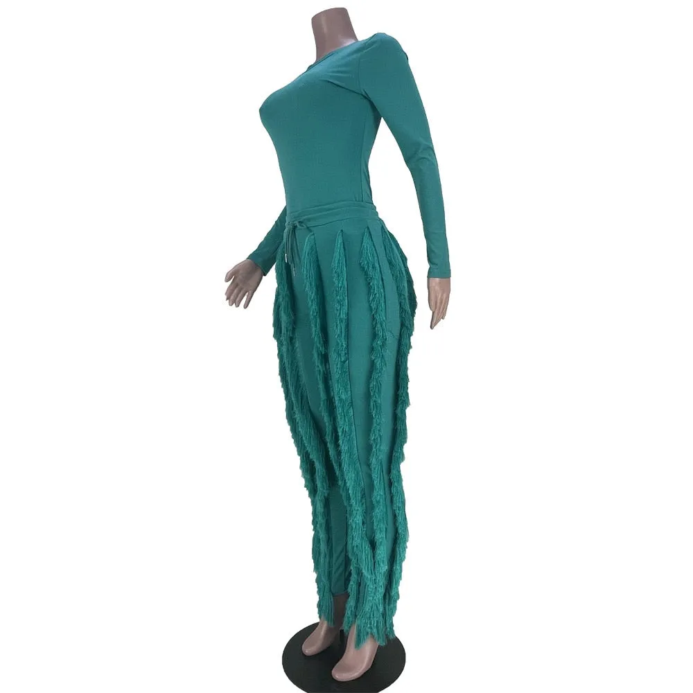Long Sleeve Extreme Fringe Two Piece Set