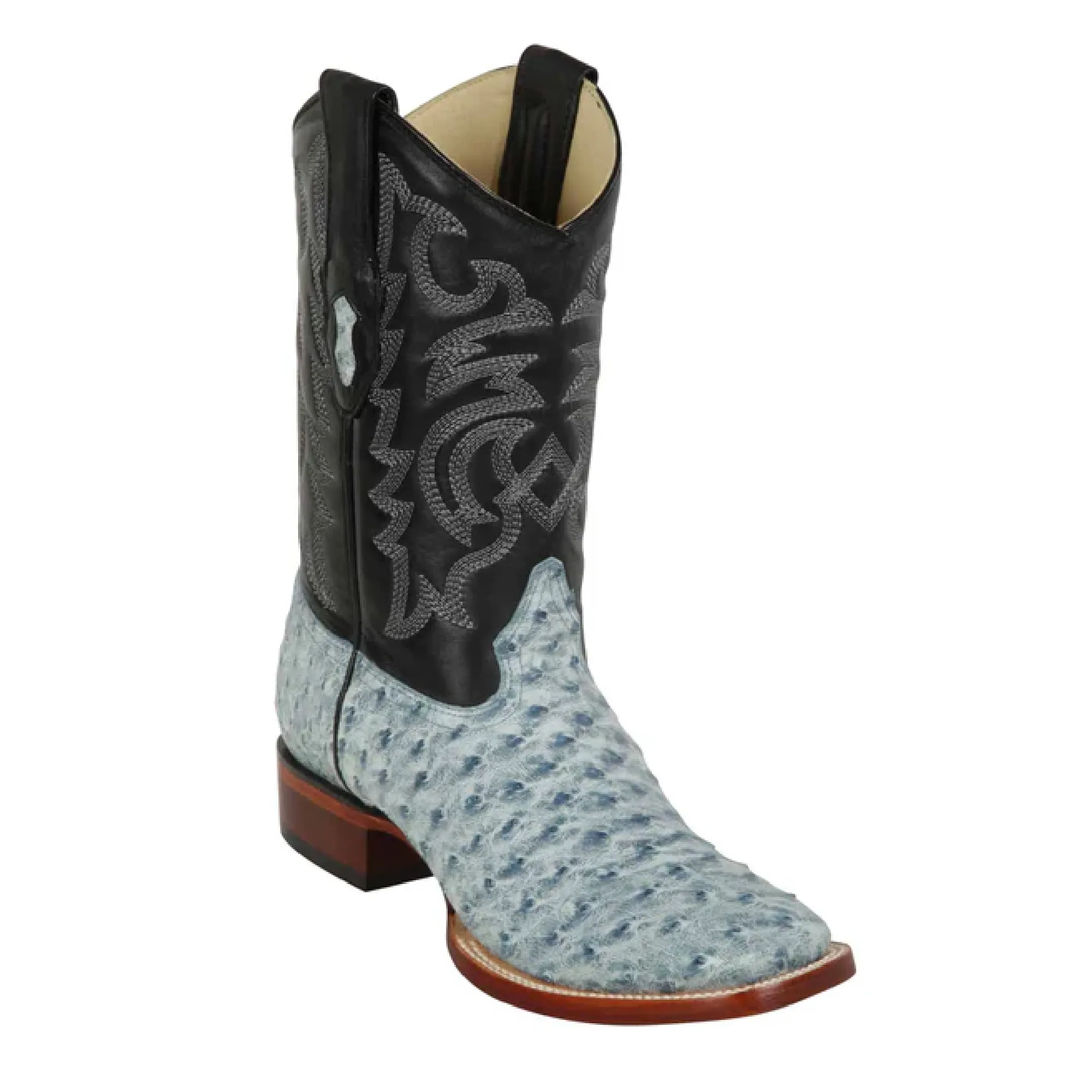 Los Altos Boots Mens #8220382 Wide Square Toe | Genuine Ostrich Boots | Color Bustic Blue