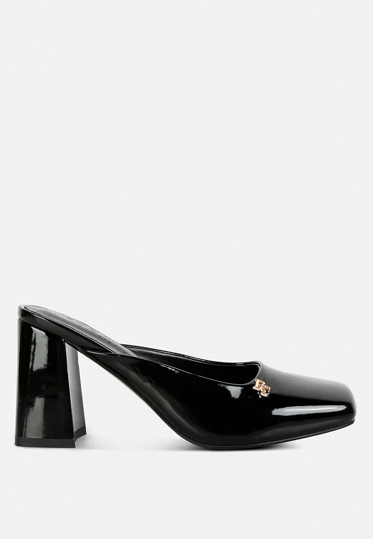 Neoplast Patent Pu Block Heeled Mules
