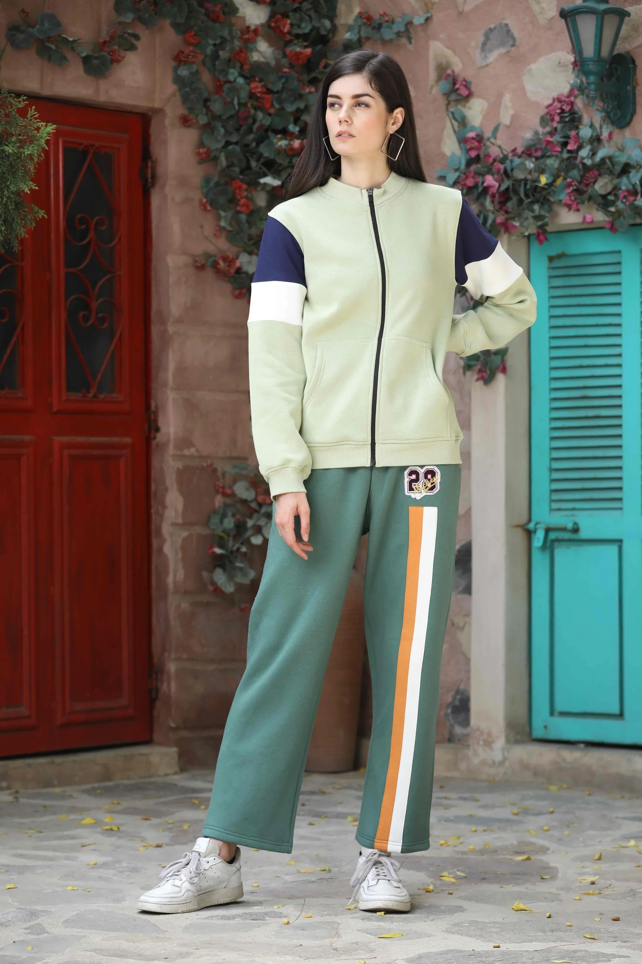 Olive Green Color-Block Zipper Sweatshirt