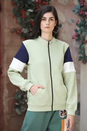 Olive Green Color-Block Zipper Sweatshirt