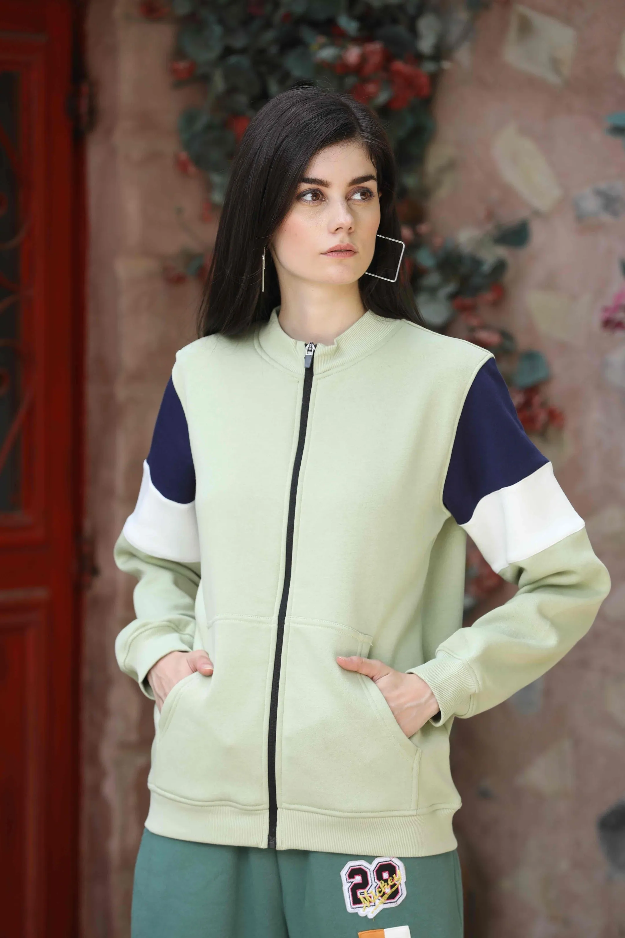Olive Green Color-Block Zipper Sweatshirt