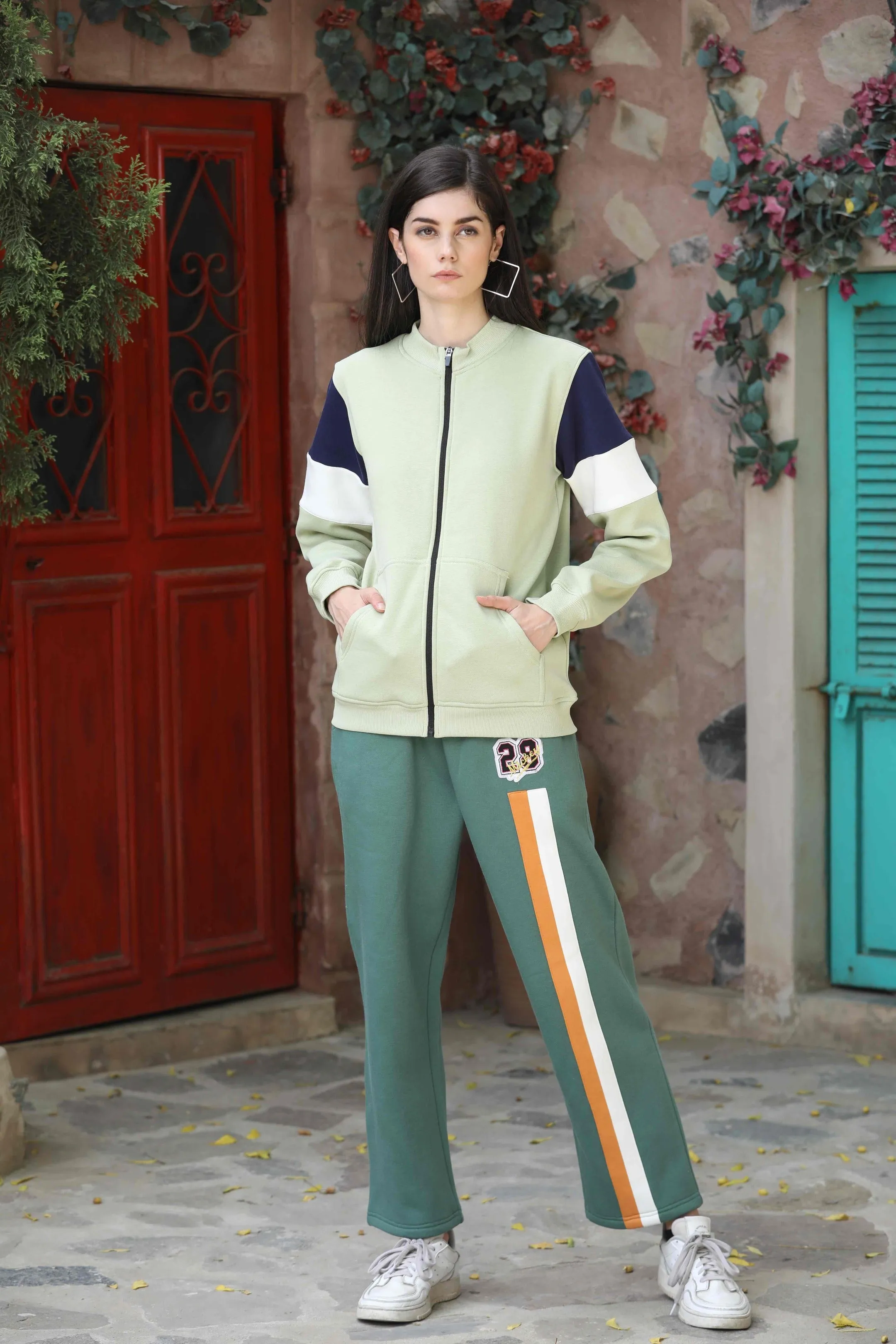 Olive Green Color-Block Zipper Sweatshirt