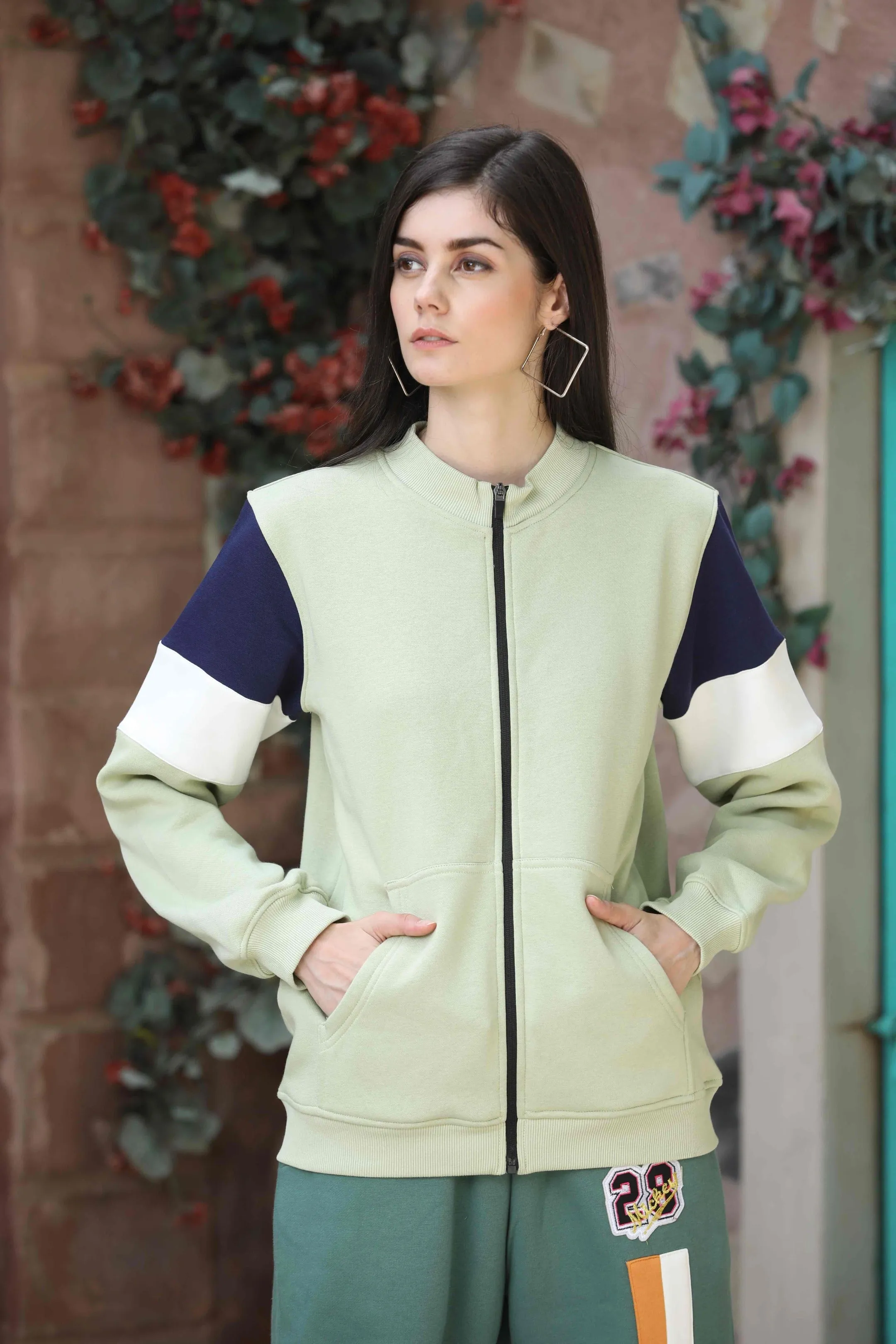 Olive Green Color-Block Zipper Sweatshirt