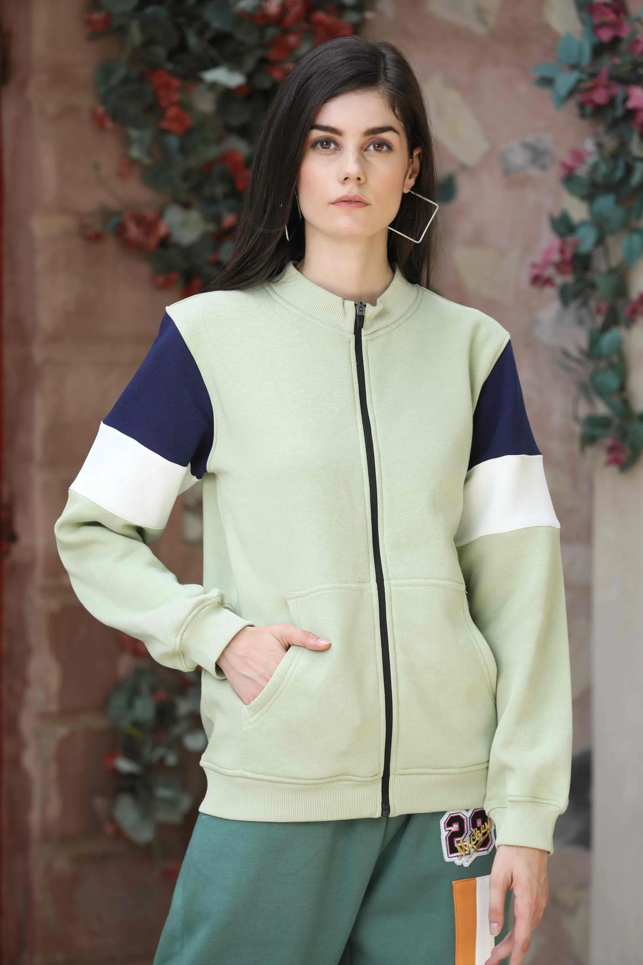 Olive Green Color-Block Zipper Sweatshirt
