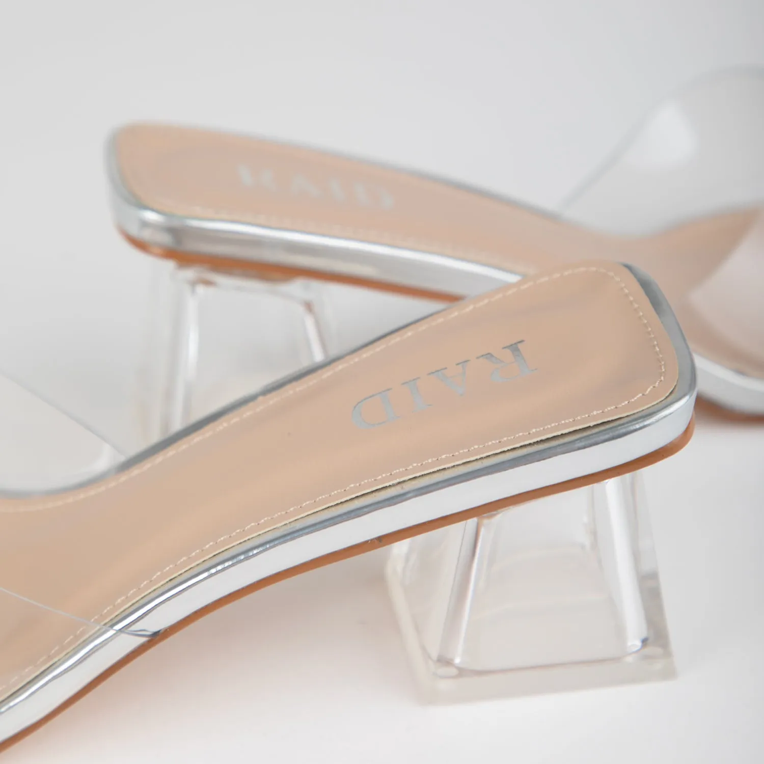 RAID Elvira Perspex Block Heeled Mules in Silver