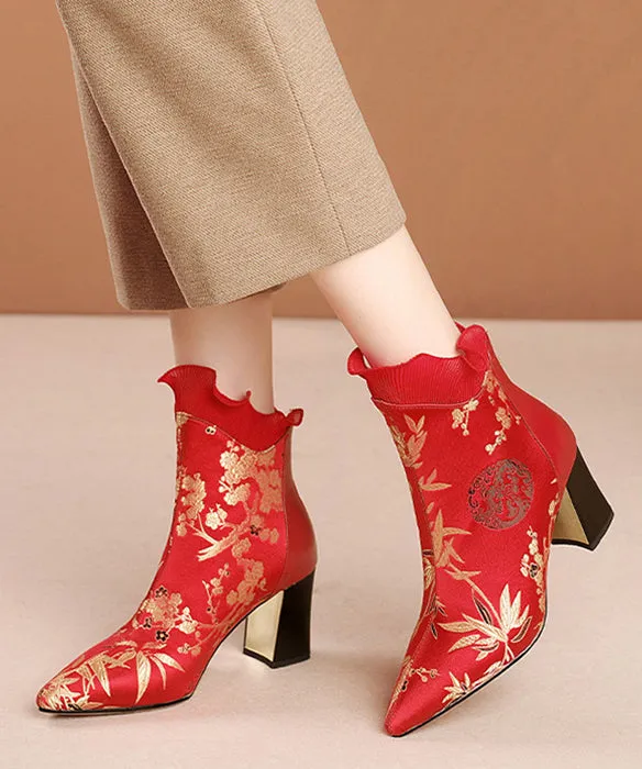 Red Zippered Cowhide Leather Embroidered Chunky Boots RT1080
