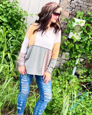 Rich Latte Color Block Long Sleeve Top