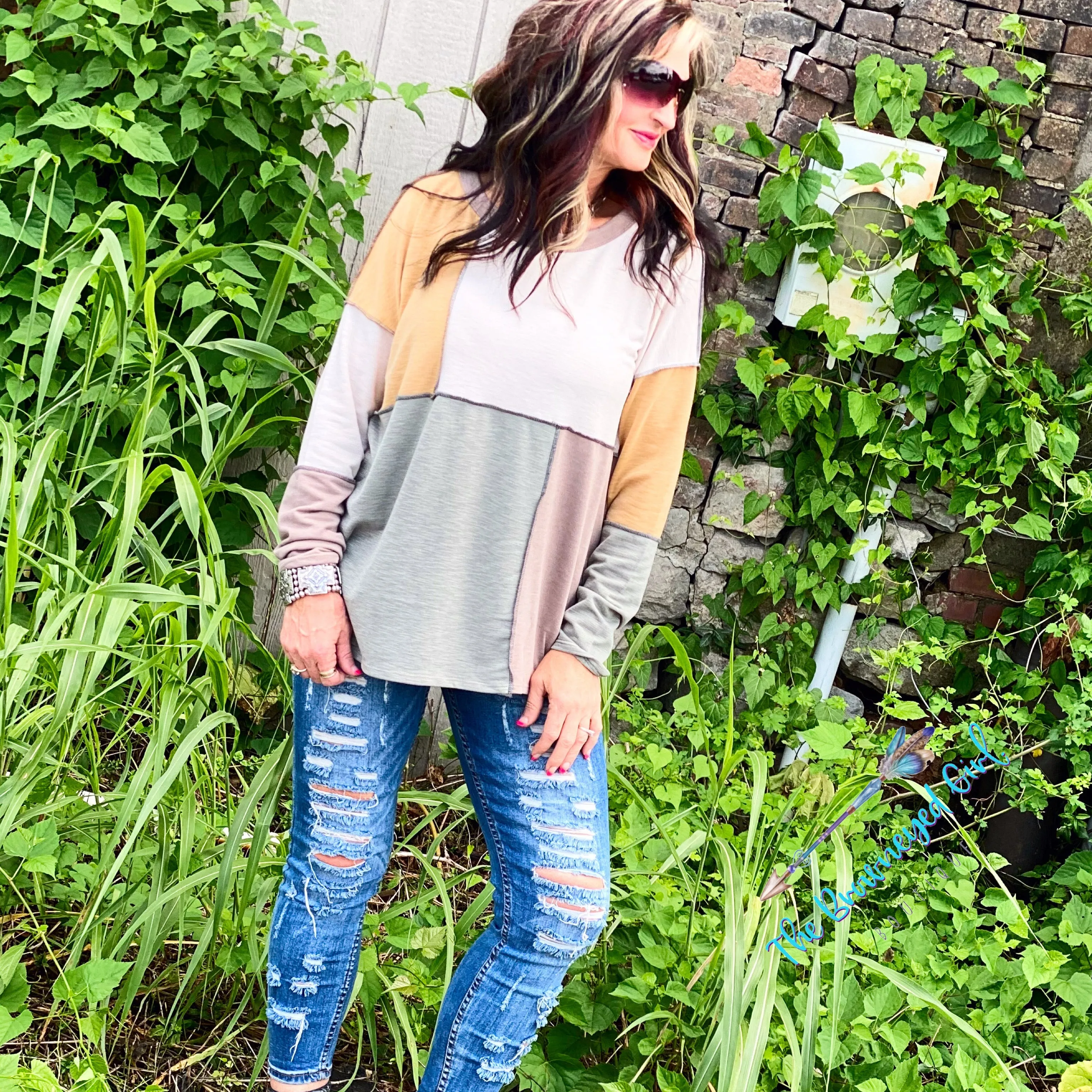 Rich Latte Color Block Long Sleeve Top