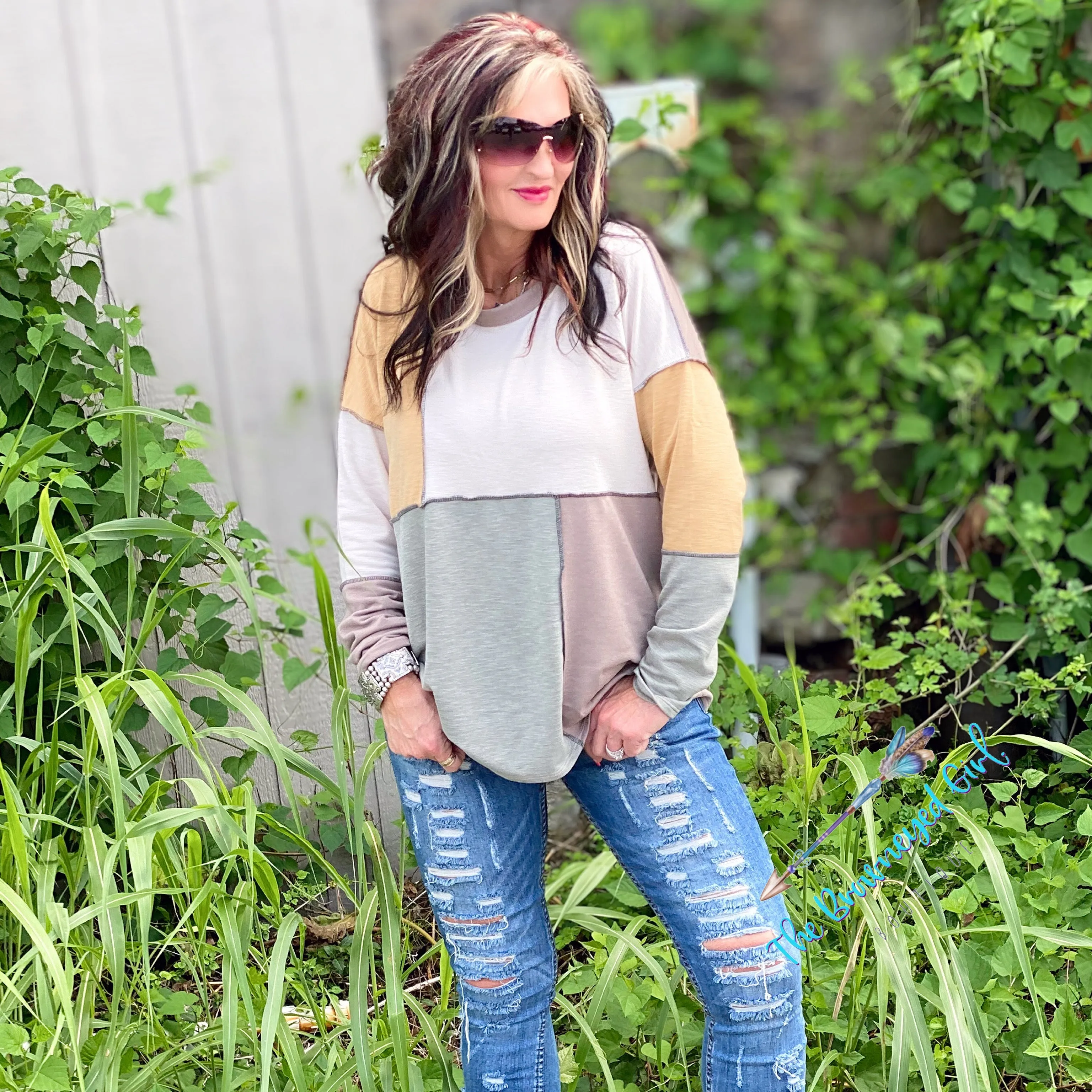 Rich Latte Color Block Long Sleeve Top