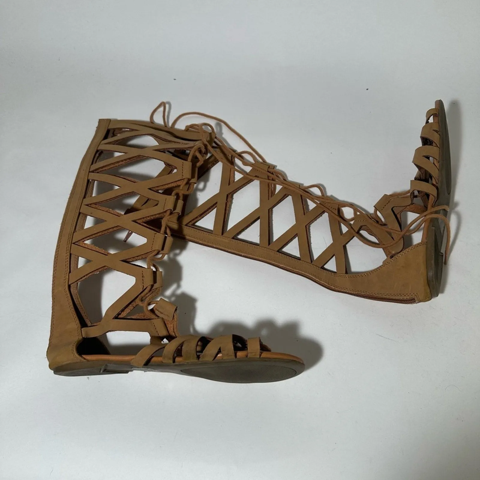 Tan Gladiator Sandals with Suede Finish and Lace-Up Design