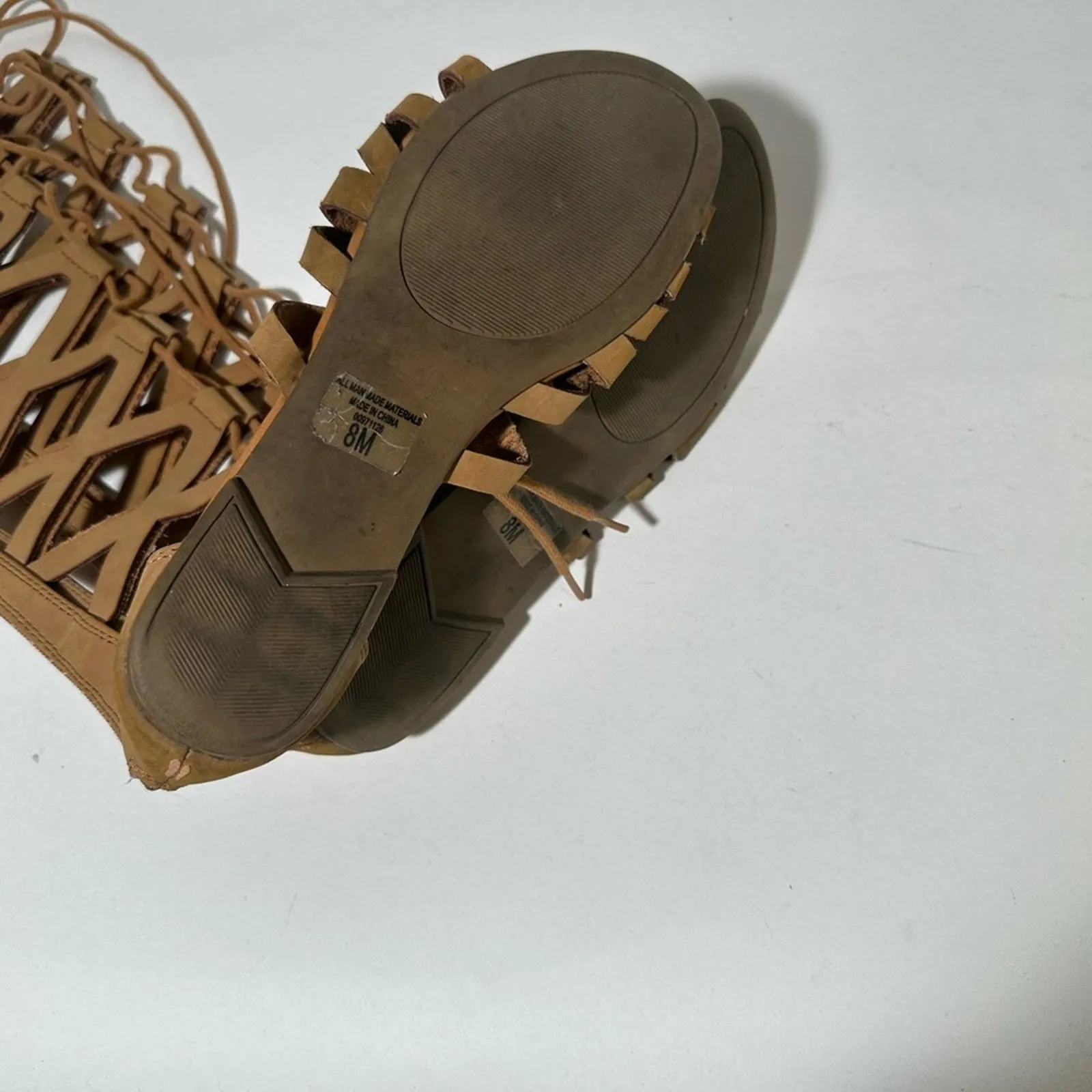 Tan Gladiator Sandals with Suede Finish and Lace-Up Design