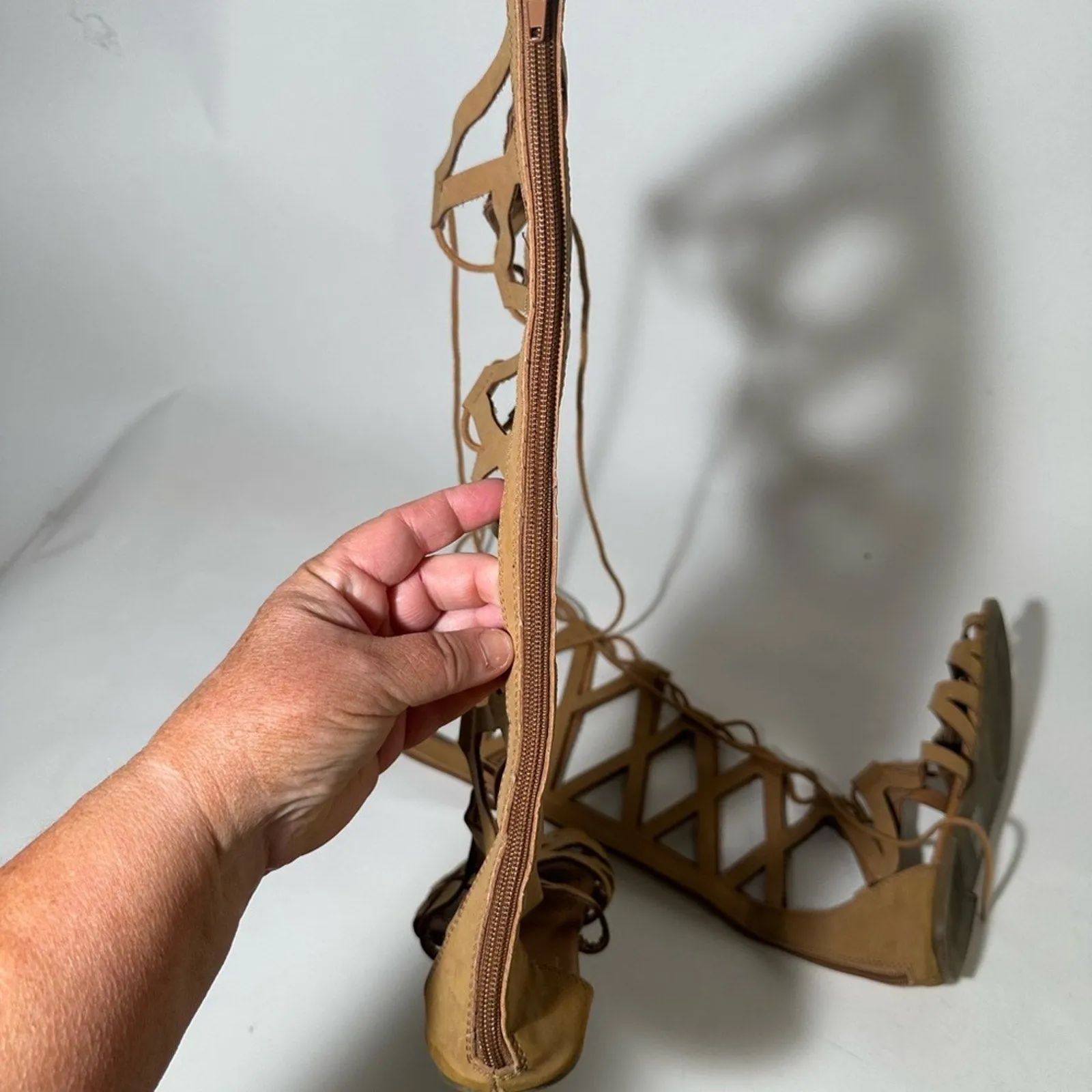 Tan Gladiator Sandals with Suede Finish and Lace-Up Design