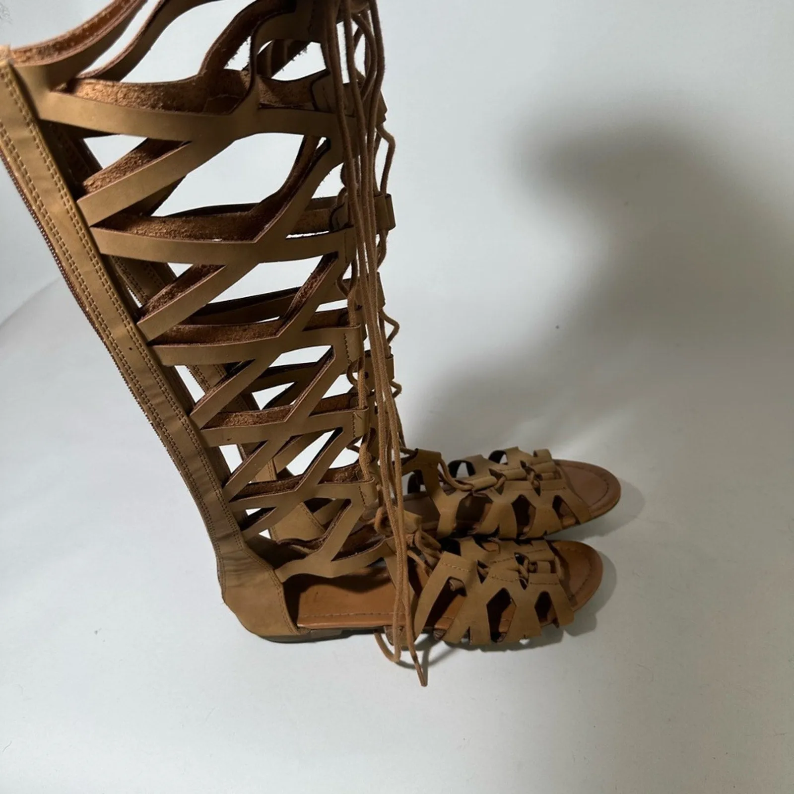Tan Gladiator Sandals with Suede Finish and Lace-Up Design
