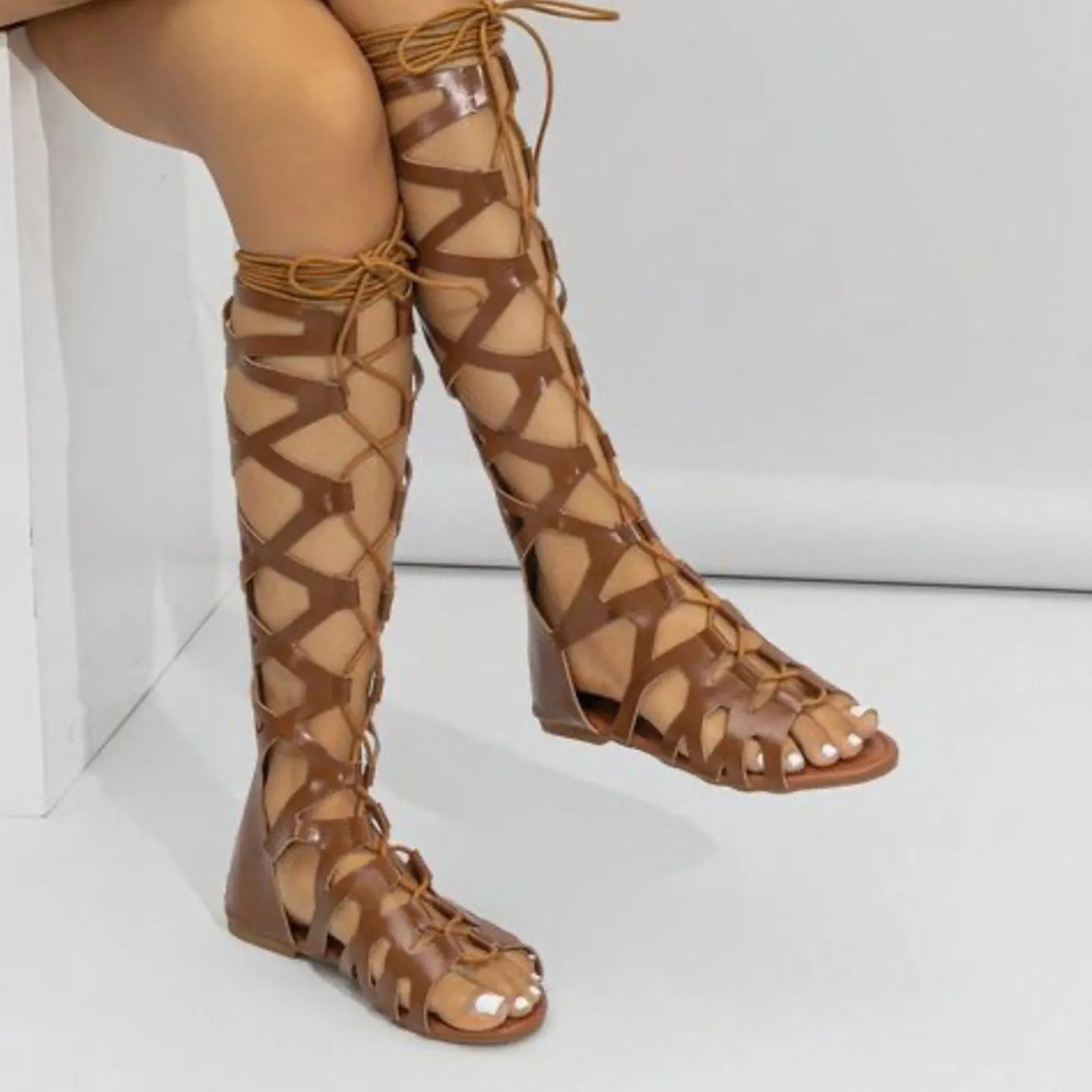Tan Gladiator Sandals with Suede Finish and Lace-Up Design