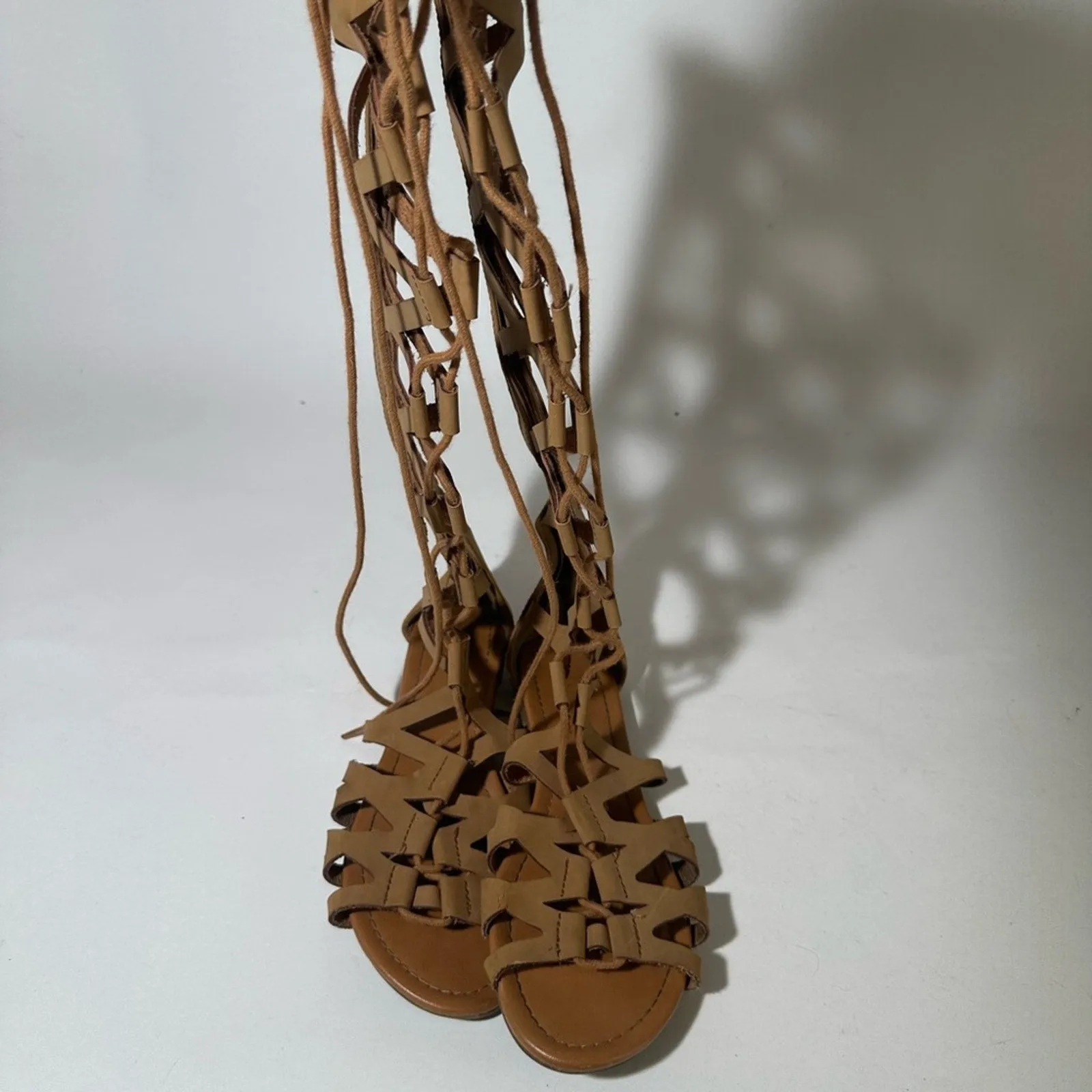 Tan Gladiator Sandals with Suede Finish and Lace-Up Design