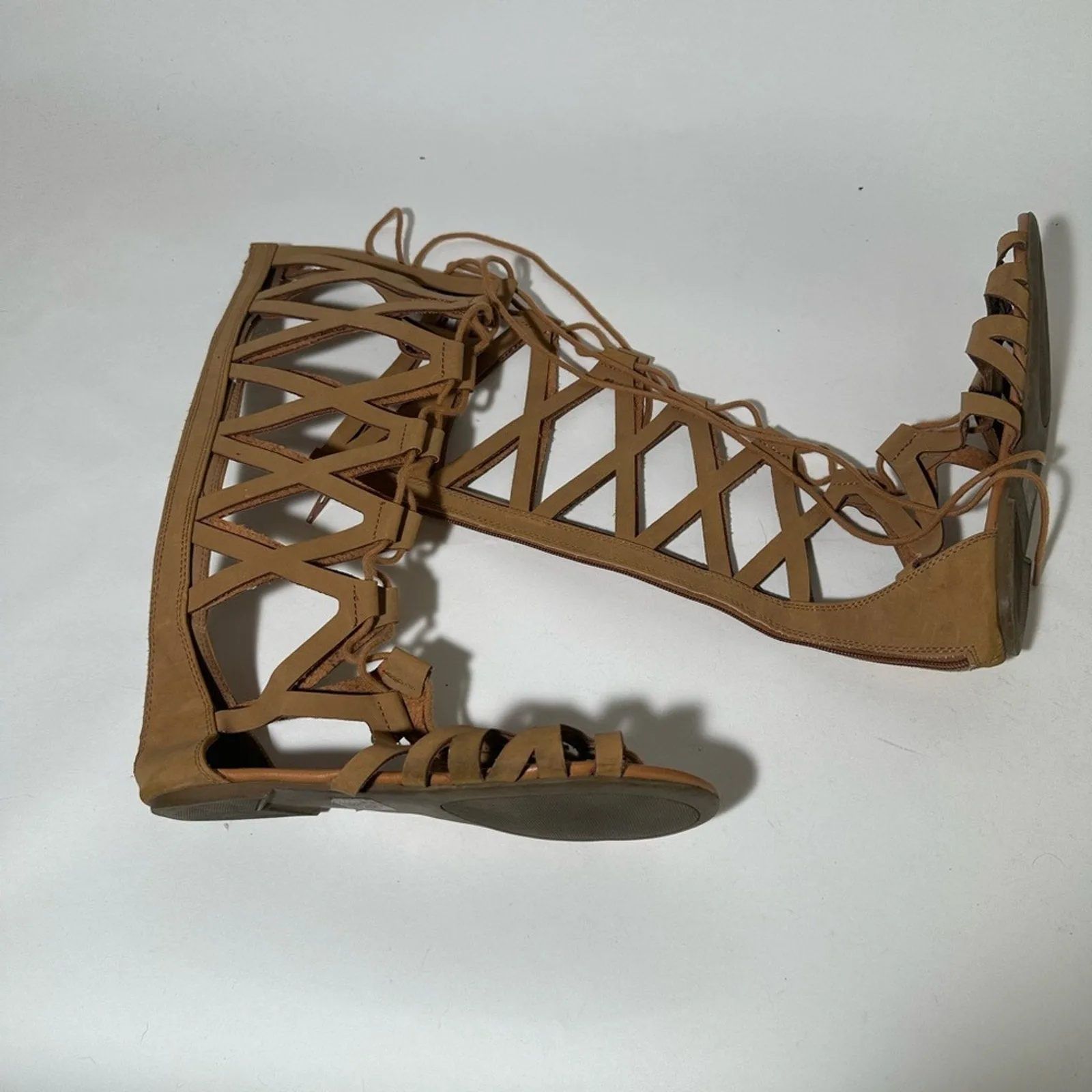 Tan Gladiator Sandals with Suede Finish and Lace-Up Design