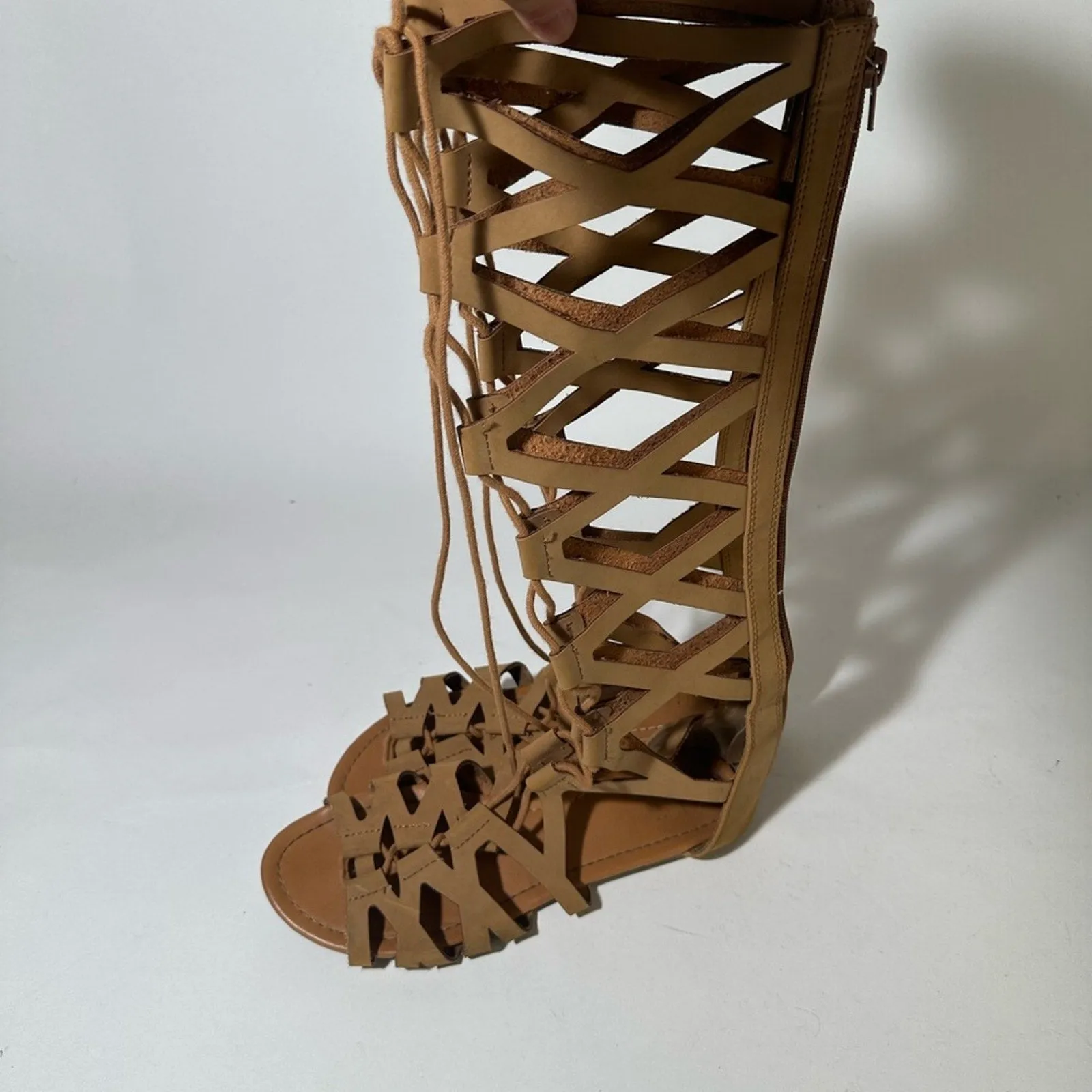Tan Gladiator Sandals with Suede Finish and Lace-Up Design