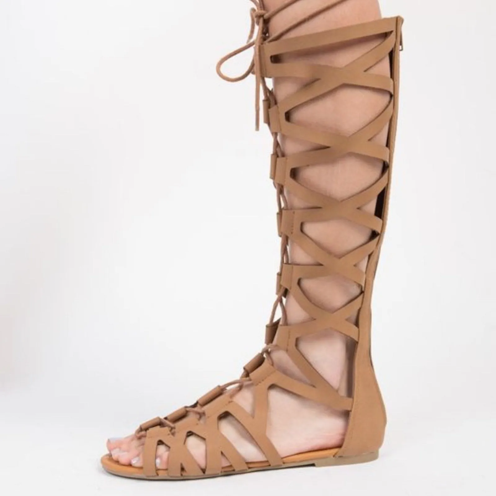 Tan Gladiator Sandals with Suede Finish and Lace-Up Design