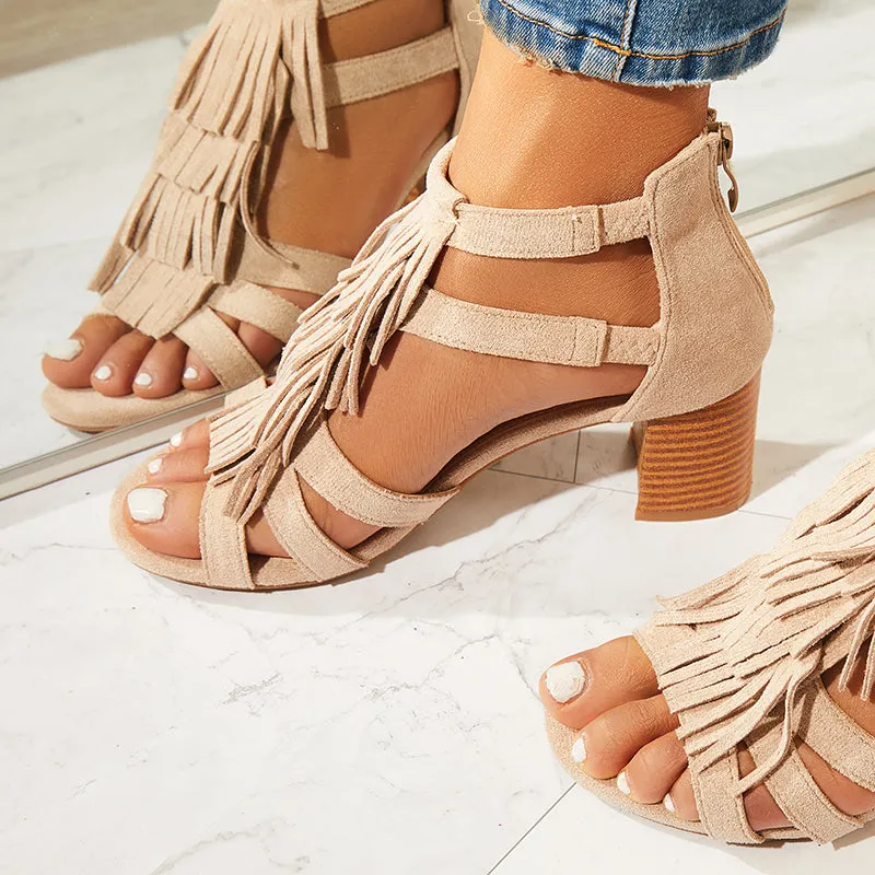 Tassel Chunky Block Heels Open Toe Ankle Strap Dress Sandals