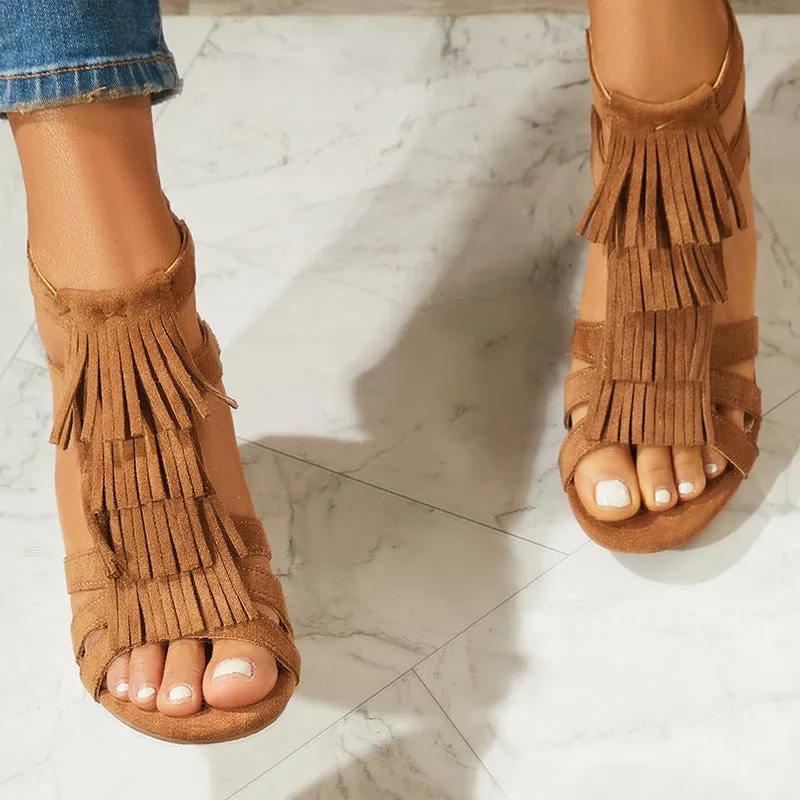 Tassel Chunky Block Heels Open Toe Ankle Strap Dress Sandals