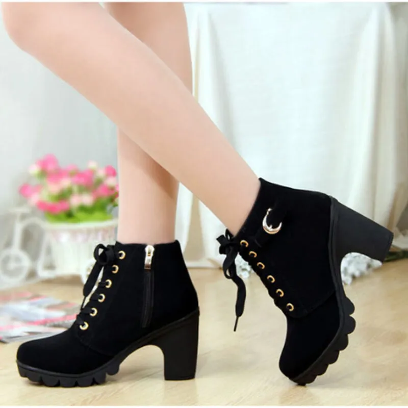 Woman Thick Fur Ankle High Heel Platform Rubber Shoes Snow Boots