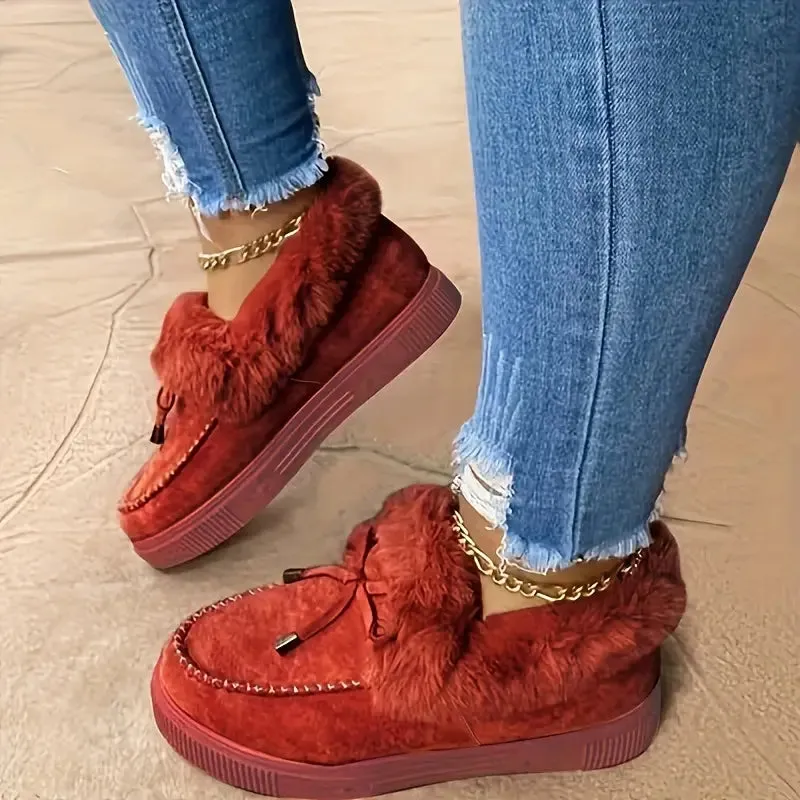 Women's Furry Snow Boots - Bowknot, Plush Lined, Warm Flat Ankle Boots