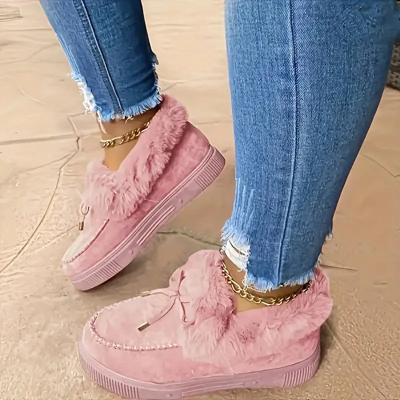 Women's Furry Snow Boots - Bowknot, Plush Lined, Warm Flat Ankle Boots